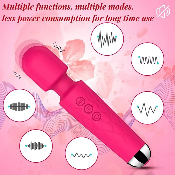 Pink wand vibrator with smooth silicone head and 360° rotation for clitoral and G-spot stimulation